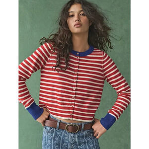 FREE PEOPLE RED WHITE NOCTURNAL STRIPE CASHMERE BLEND CARDI CARDIGAN SWEATER XS